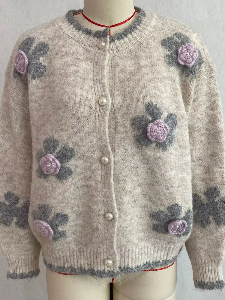 Floral Applique Button-Down Knit Cardigan