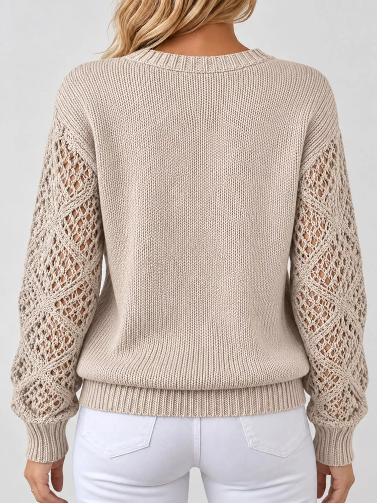 Full Size V-Neck Hollow-Out Long Sleeve Sweater Plus Size