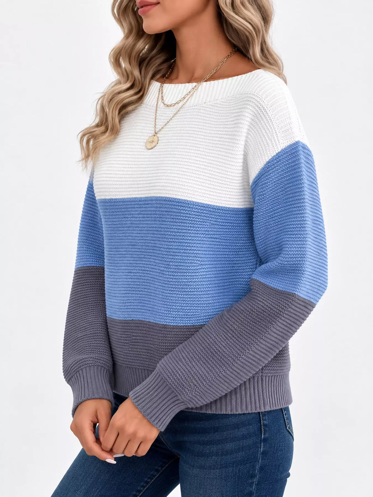 Full Size Color-Block Boat Neck Sweater Plus Size