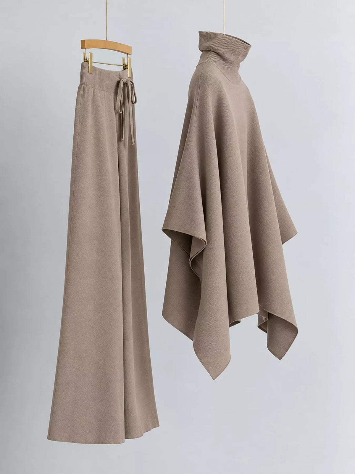 Elegant Turtleneck Poncho Sweater and Wide-Leg Knit Pants Set
