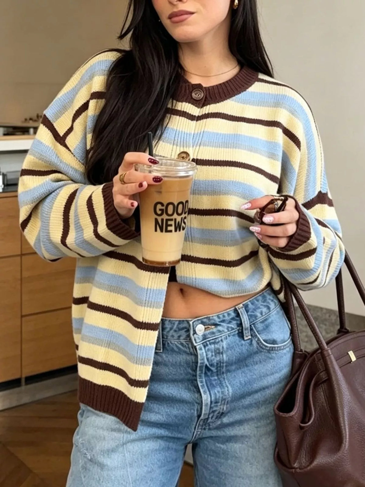 Striped Crew Neck Button-Down Cardigan