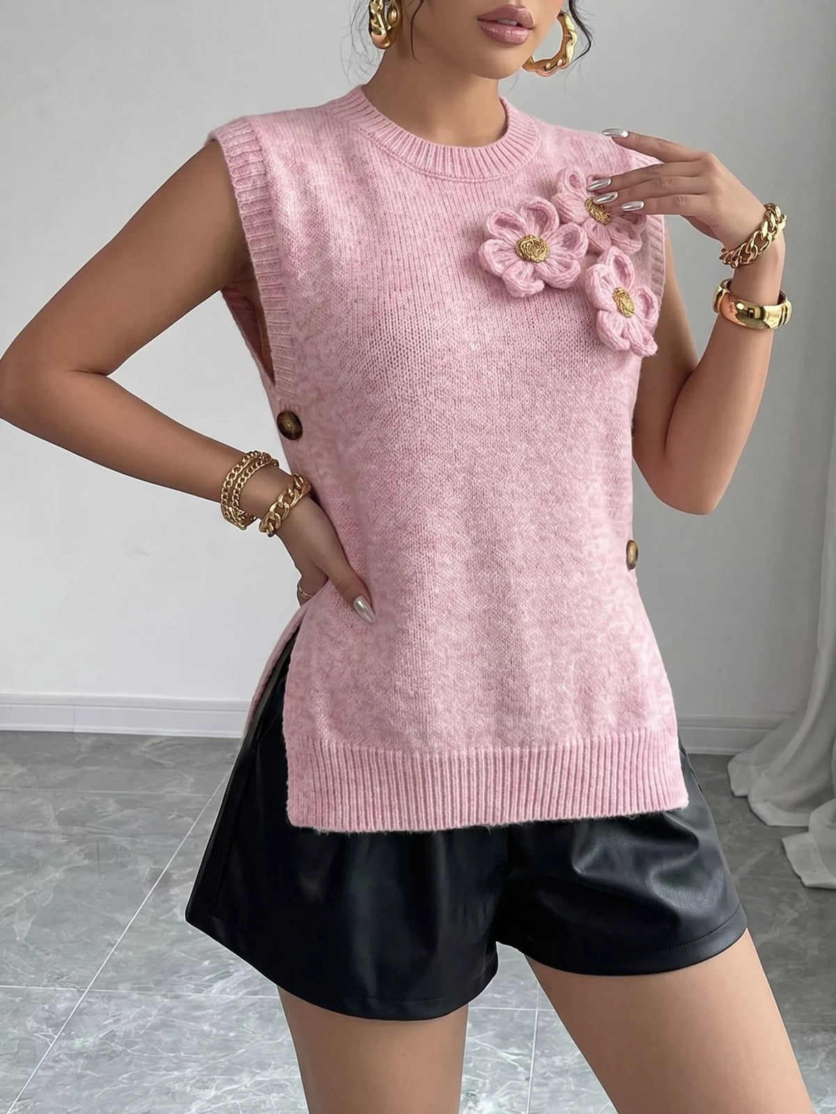 Side Button Sweater Vest with 3D Floral Appliques
