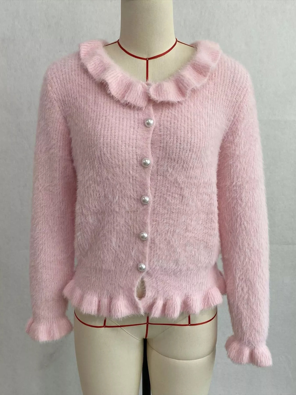 Soft Fuzzy Cardigan with Ruffled Collar and Pearl Buttons