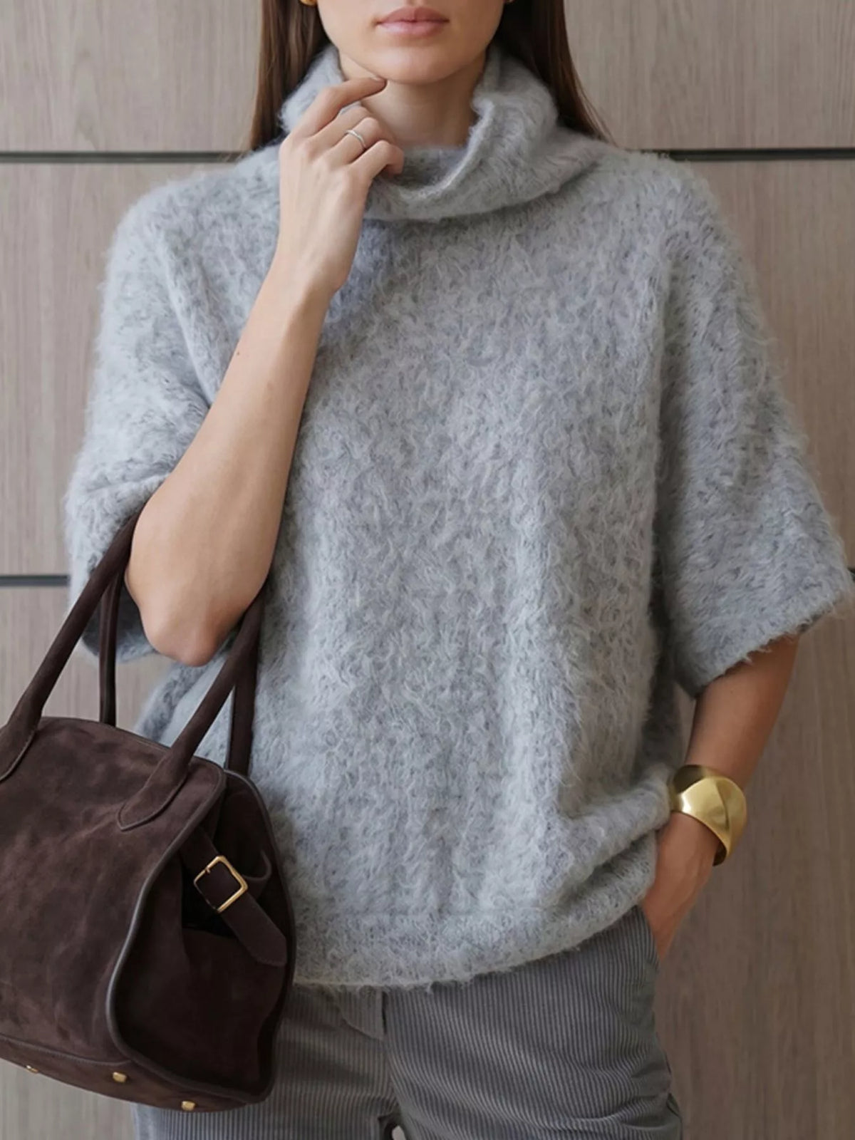 Turtleneck Fuzzy Short Sleeve Sweater
