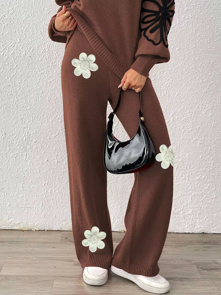 High-Waisted Wide-Leg Sweater Pants with Floral Beaded Decor