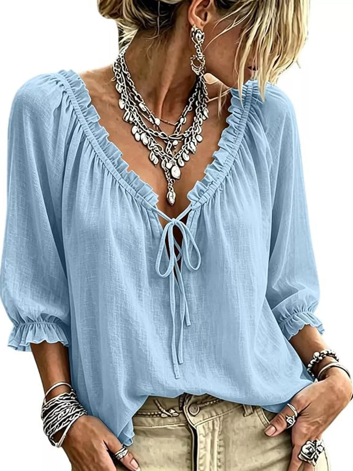 Frill Tie Neck 3/4 Sleeve Blouse