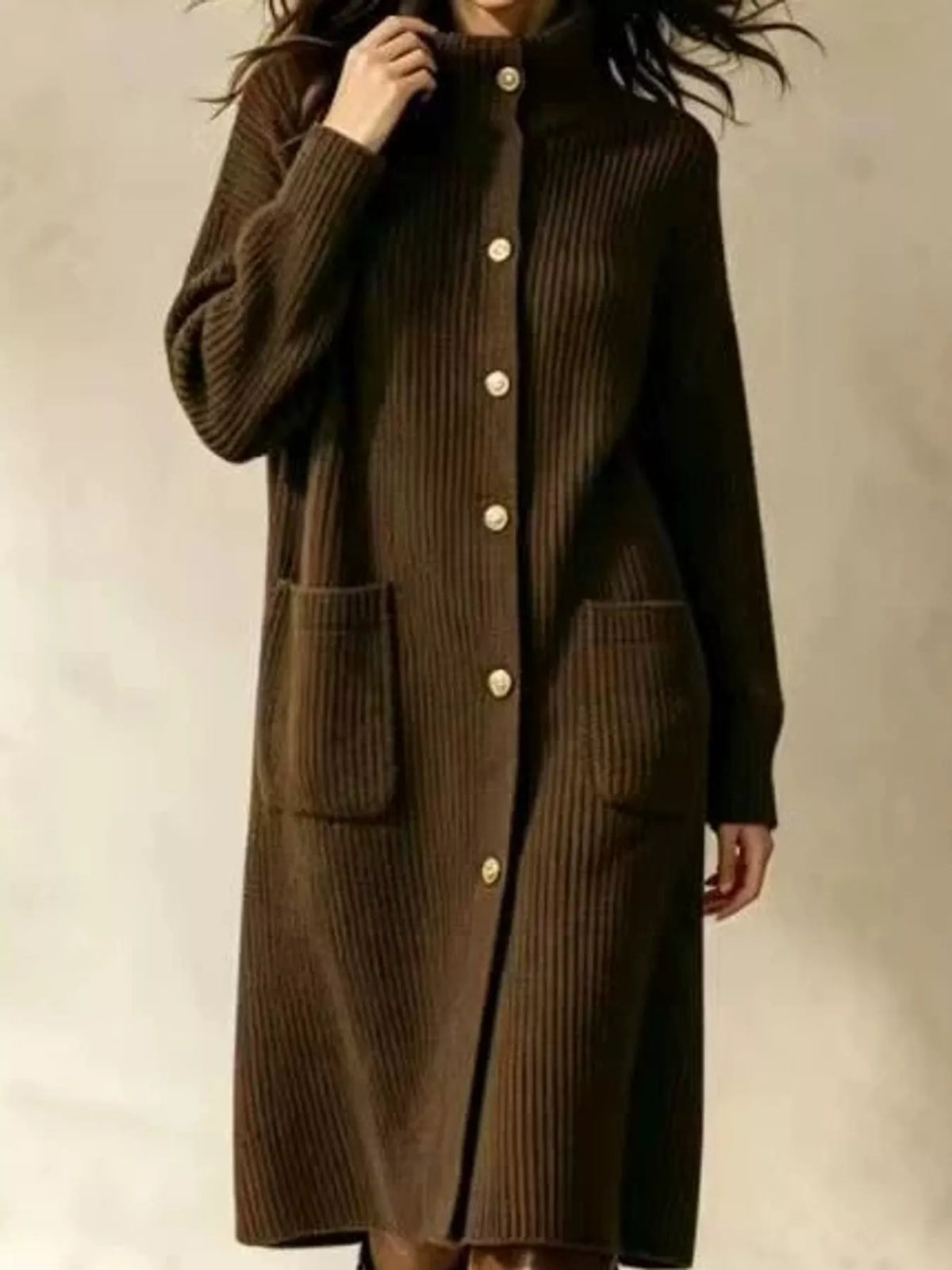 Ribbed Knit Turtleneck Button Up Longline Cardigan