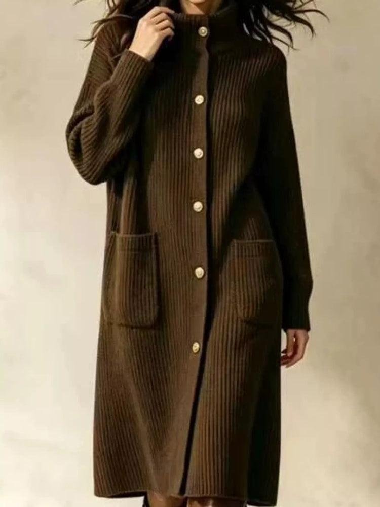 Ribbed Knit Turtleneck Button Up Longline Cardigan