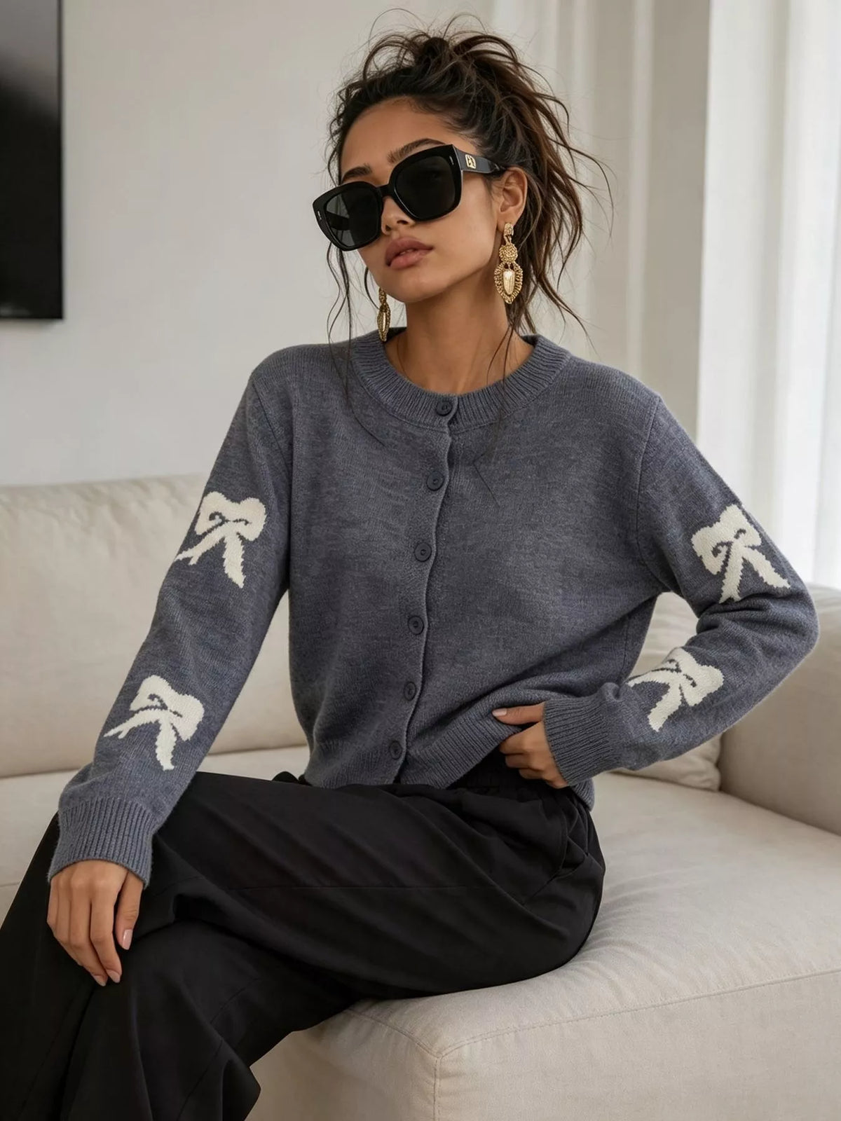 Floral Crew Neck Cropped Knit Cardigan