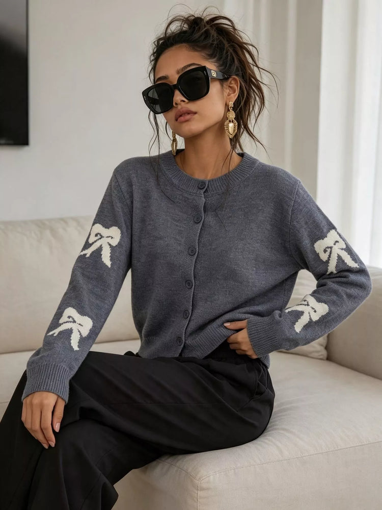 Floral Crew Neck Cropped Knit Cardigan