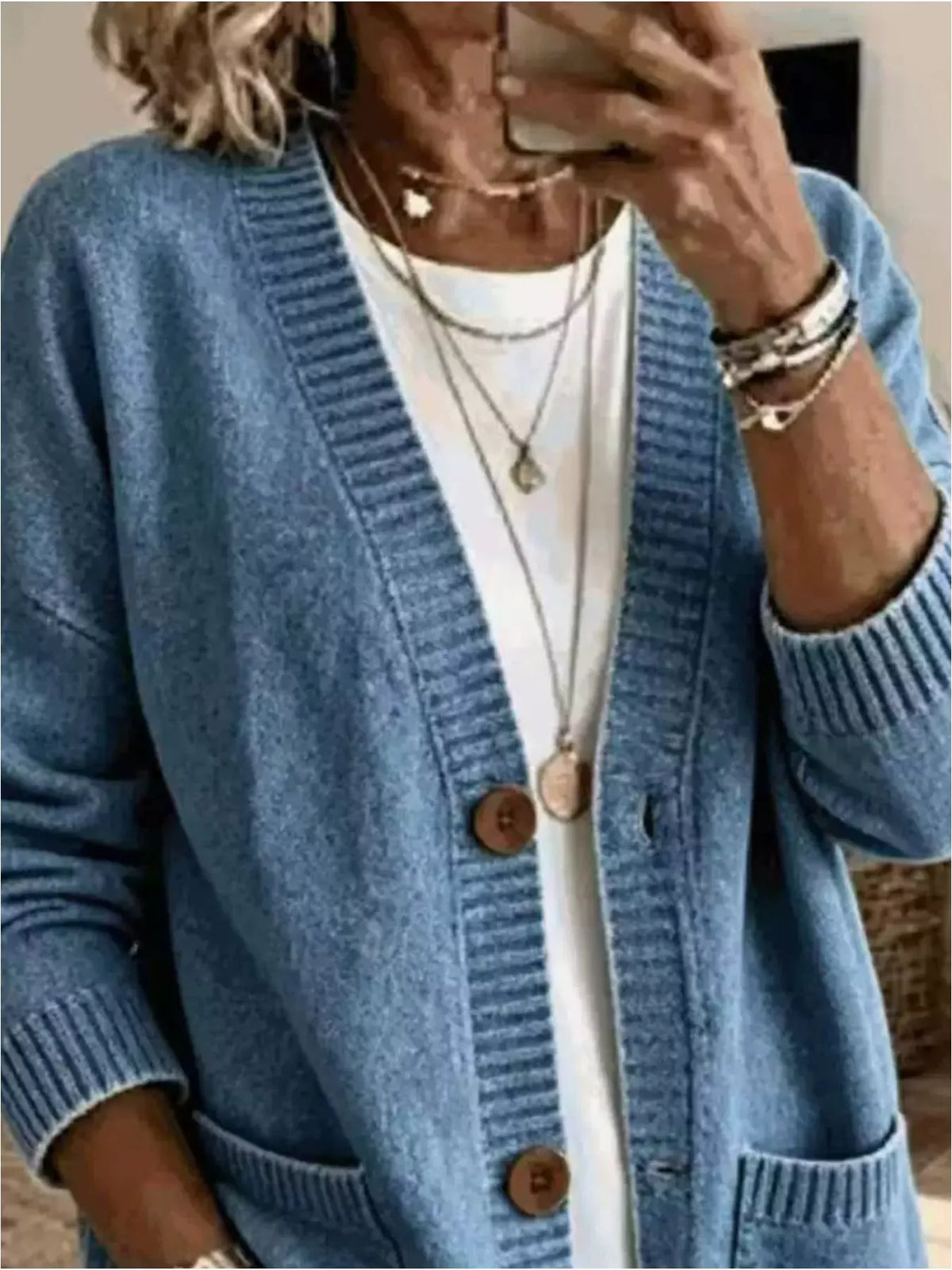 Casual V-Neck Button-Down Knit Cardigan with Pockets