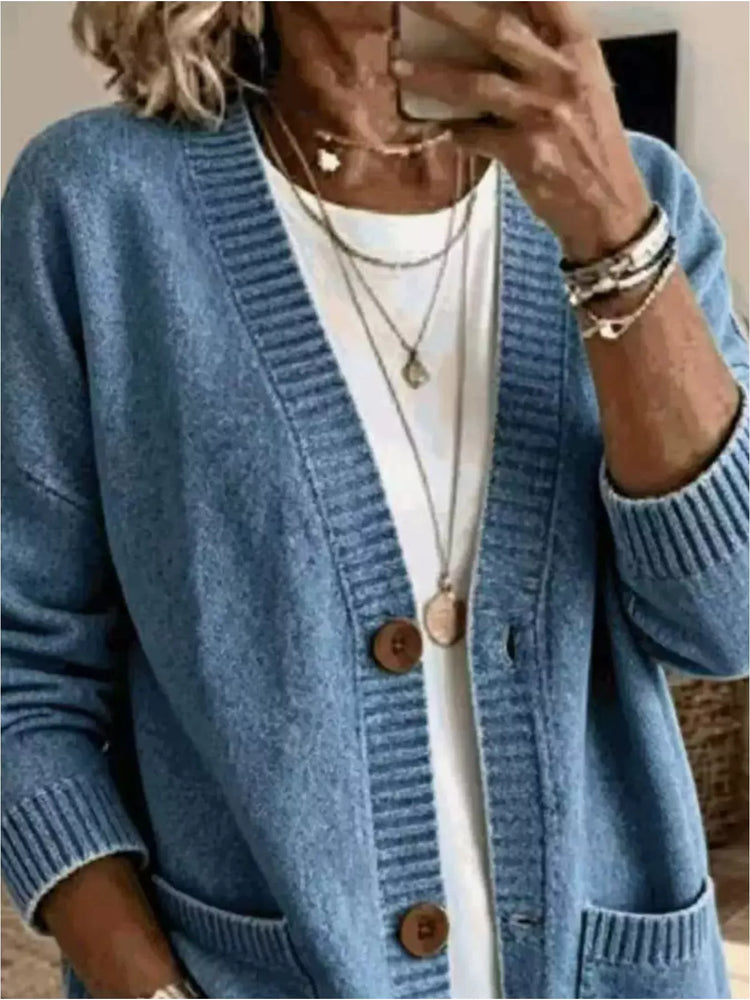 Casual V-Neck Button-Down Knit Cardigan with Pockets