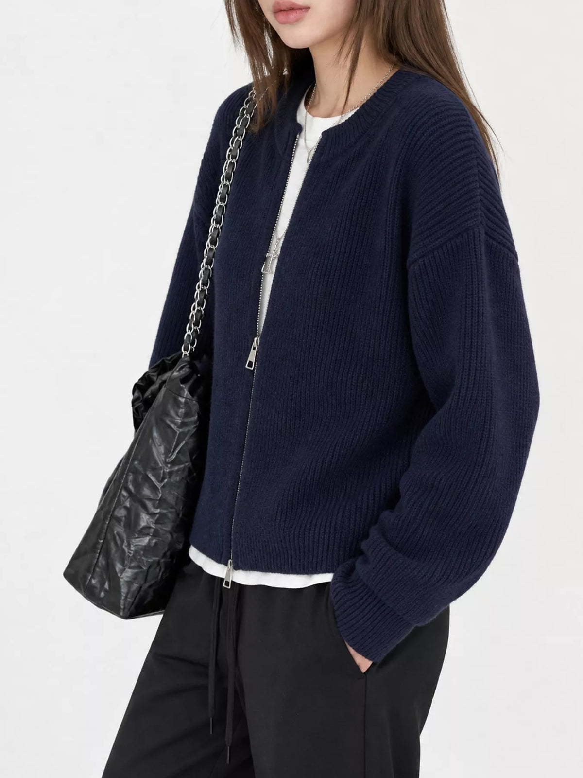 Zip Up Dropped Shoulder Cardigan