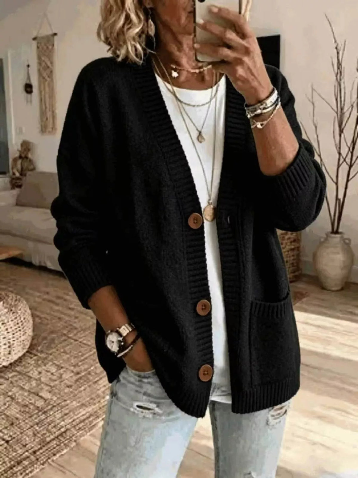 Casual V-Neck Button-Down Knit Cardigan with Pockets