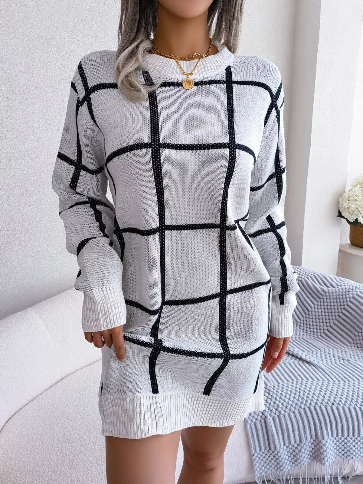 Plaid Pattern Long Sleeve Sweater Dress