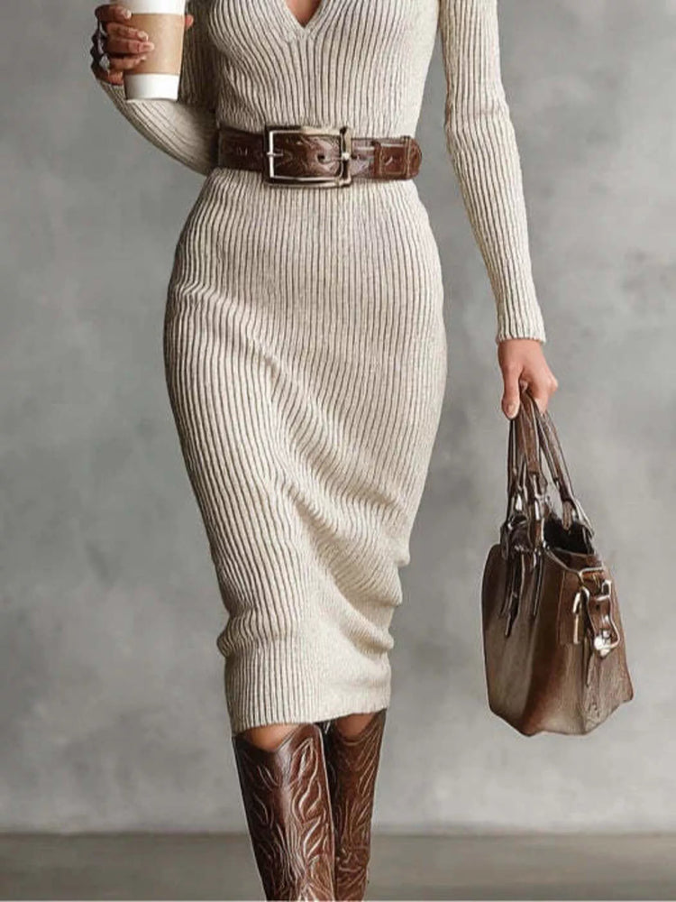 Ribbed Knit V-Neck Sweater Dress