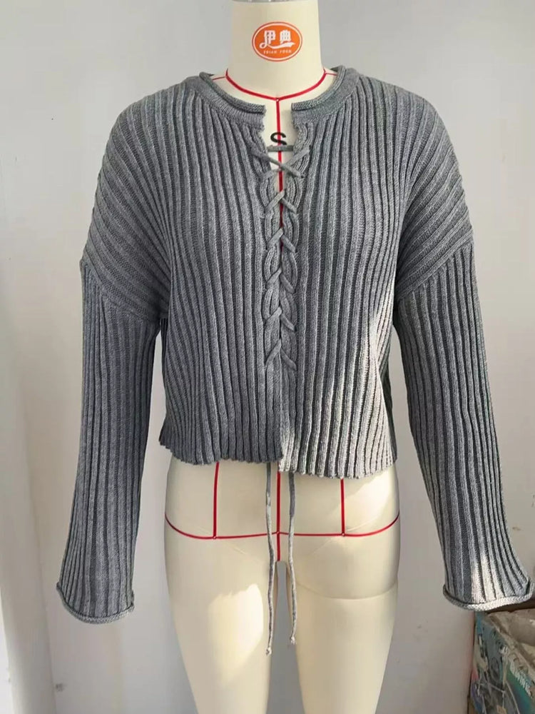 Ribbed Lace-Up Crop Sweater
