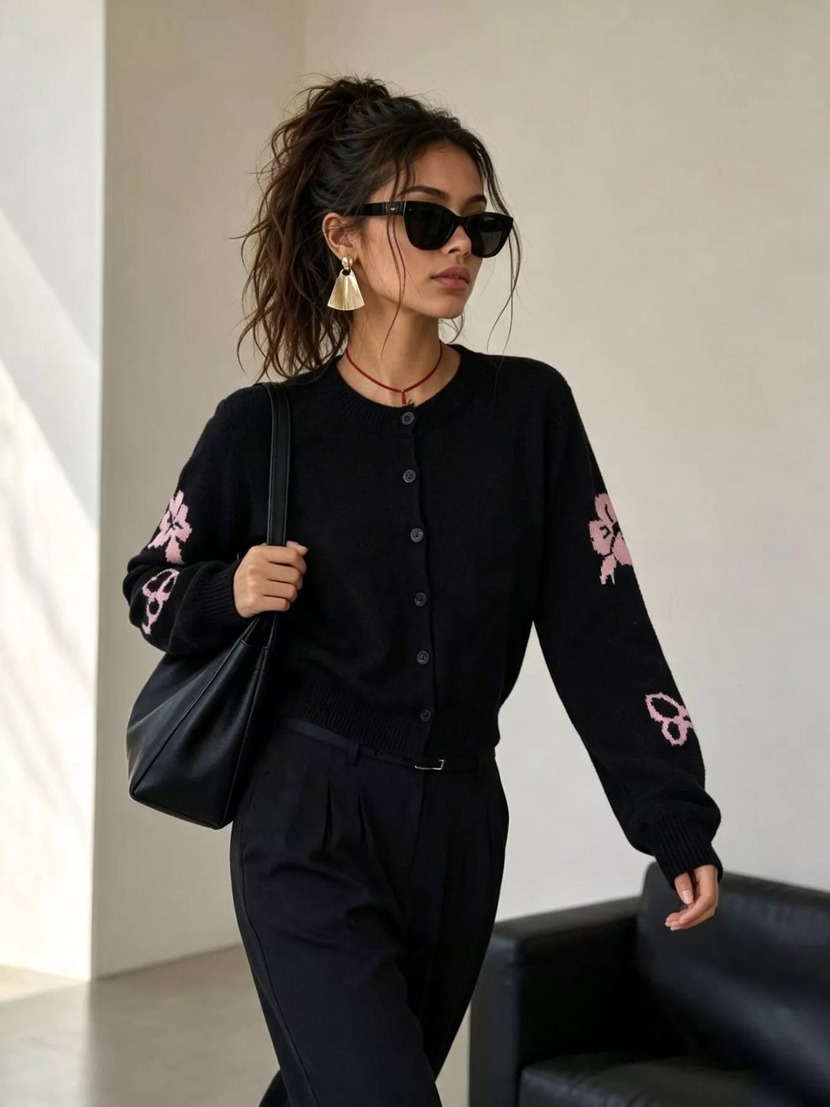 Floral Crew Neck Cropped Knit Cardigan