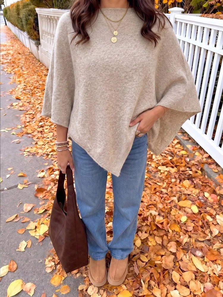Brushed Loose Shawl Round-Neck Cape Sweater with Bat Sleeves