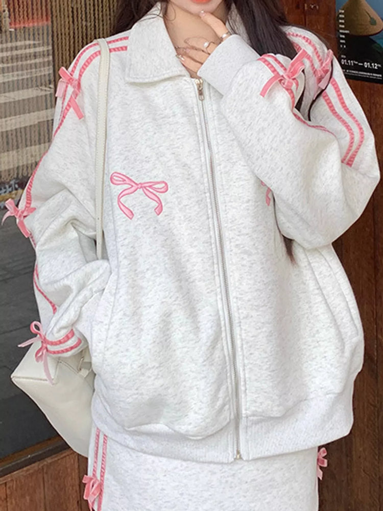 Bow Embroidered Zip-Up Sweatshirt