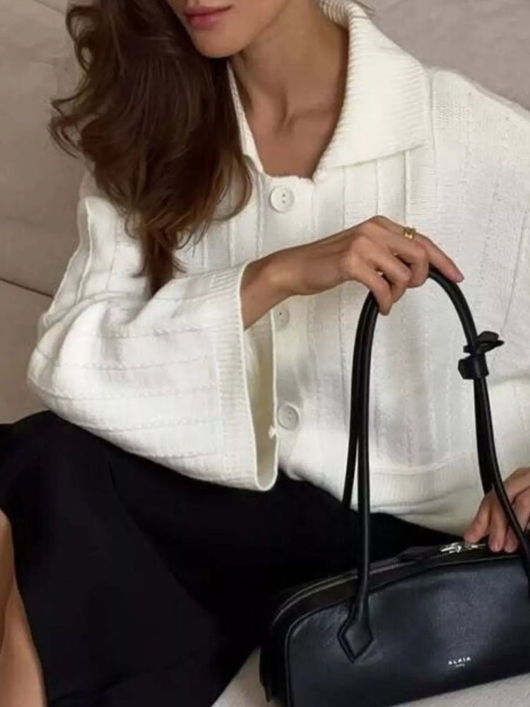 Texture Knit Cardigan with Wide Sleeves and Collar