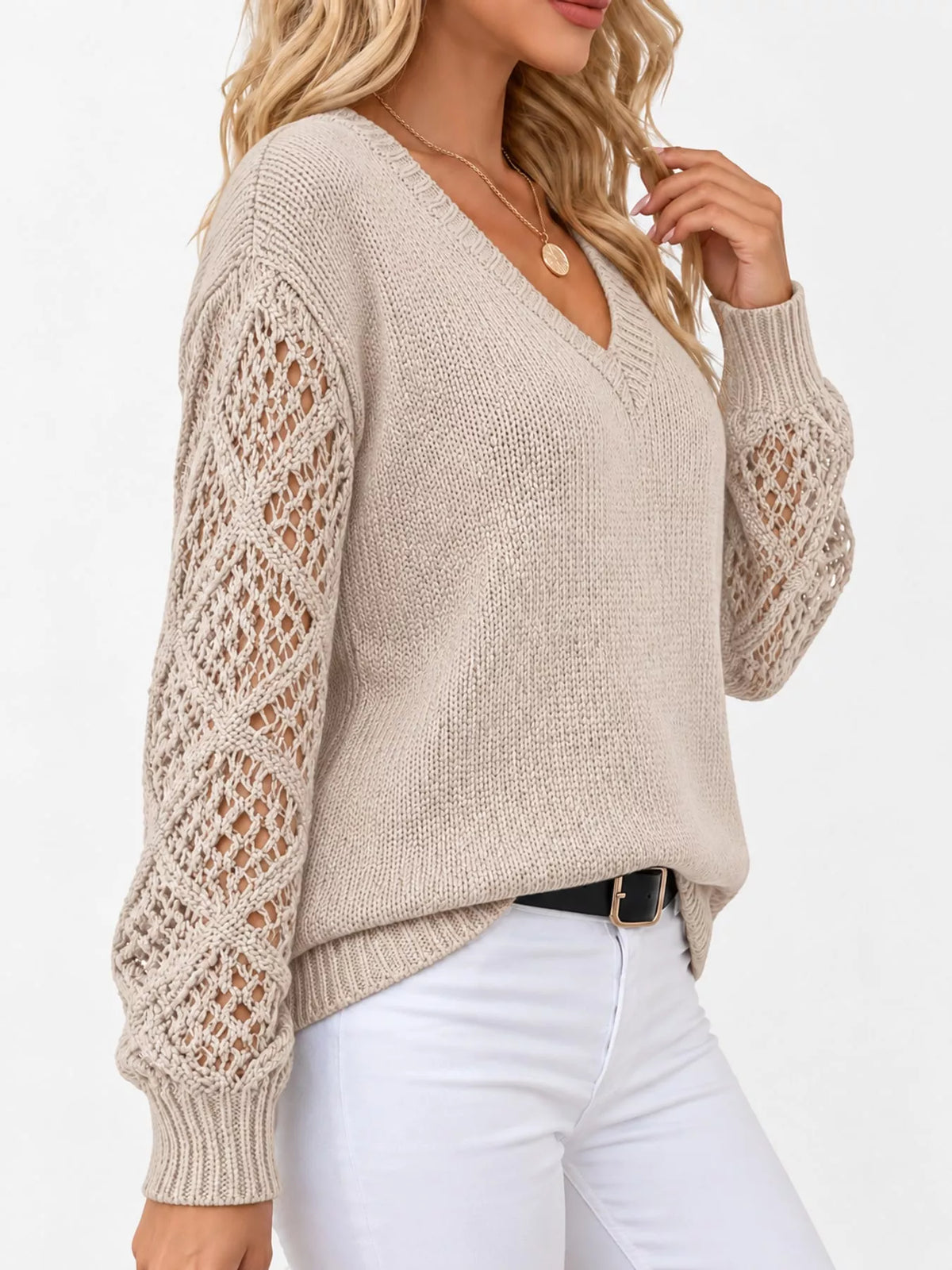 Full Size V-Neck Hollow-Out Long Sleeve Sweater Plus Size