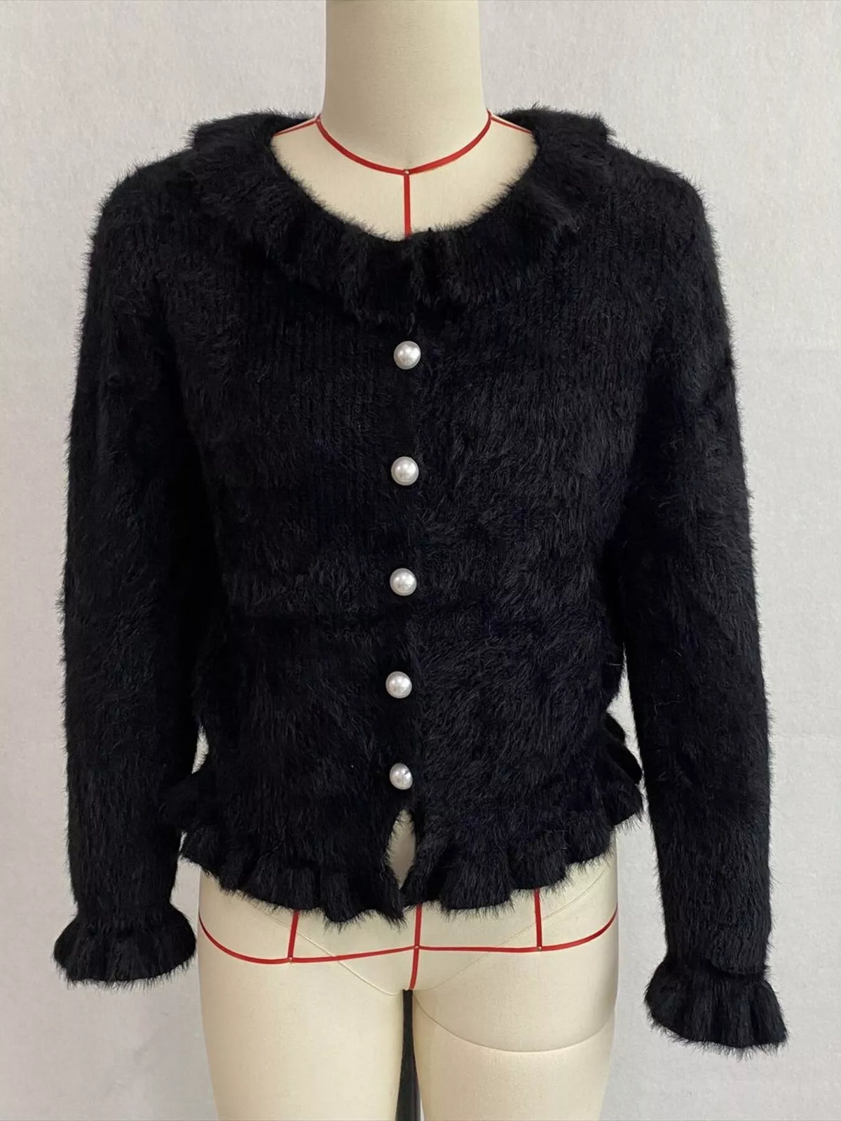 Soft Fuzzy Cardigan with Ruffled Collar and Pearl Buttons