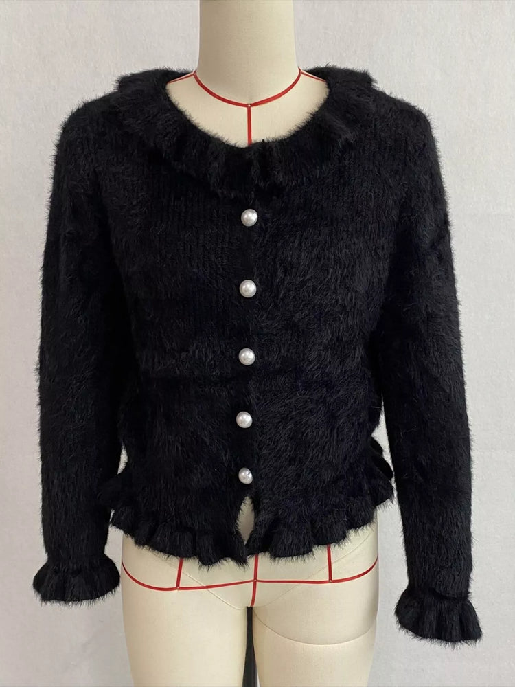 Soft Fuzzy Cardigan with Ruffled Collar and Pearl Buttons