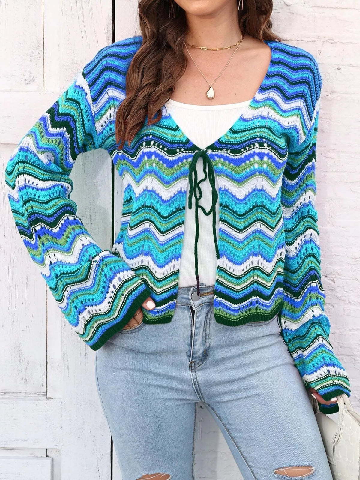 Vibrant Chevron Striped Tie-Front Knit Cardigan