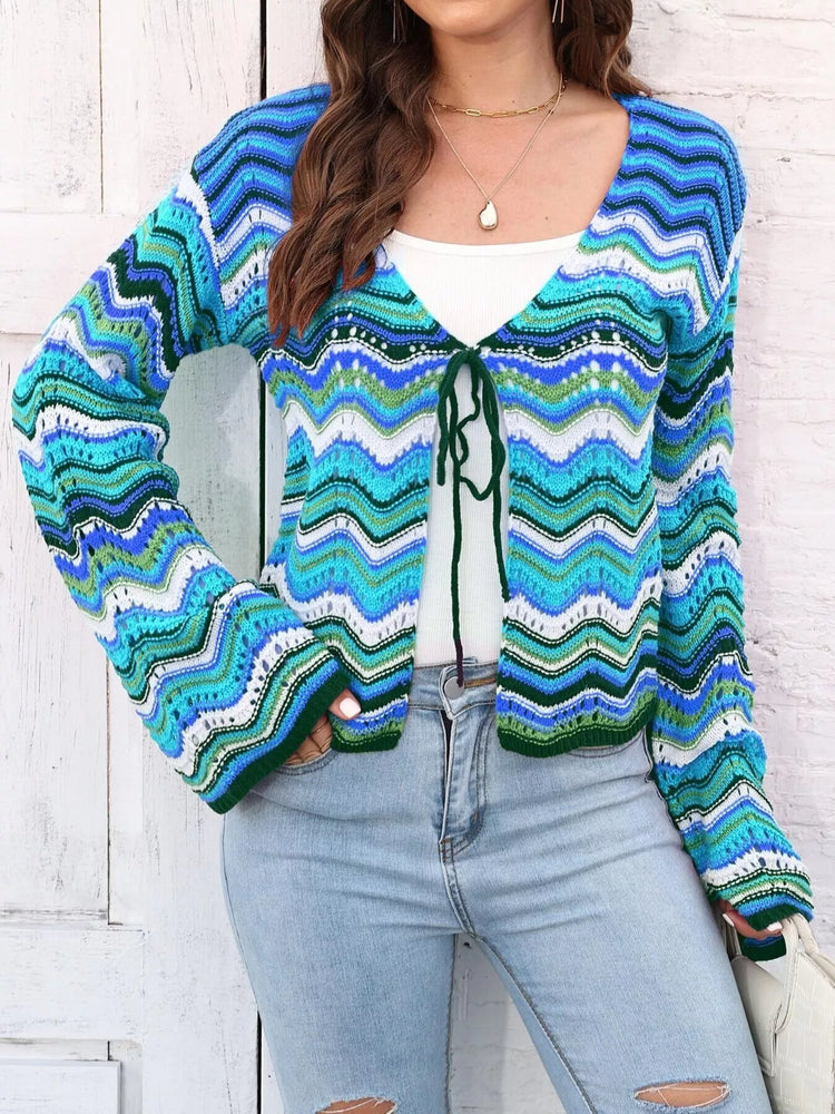 Vibrant Chevron Striped Tie-Front Knit Cardigan