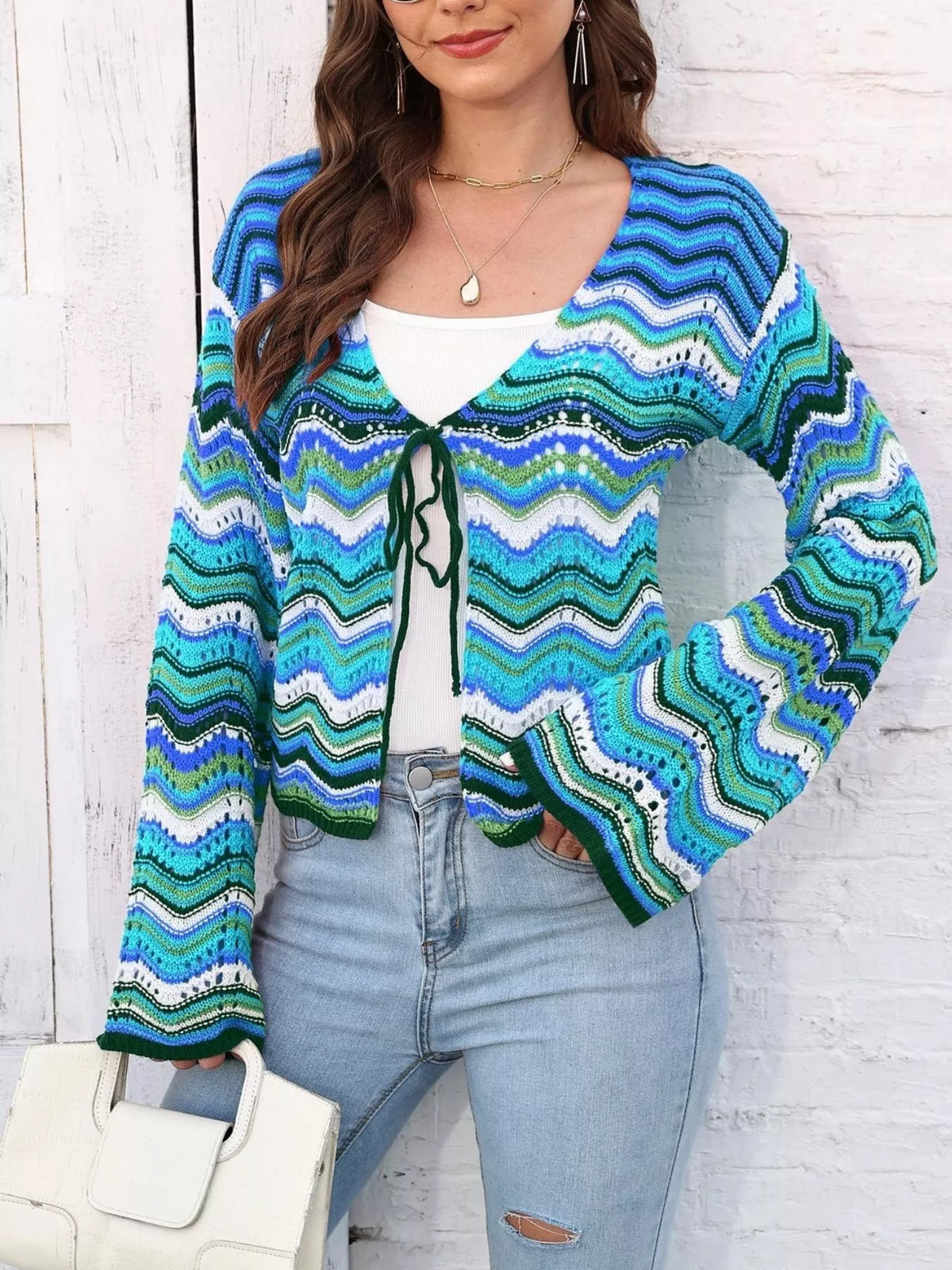 Vibrant Chevron Striped Tie-Front Knit Cardigan
