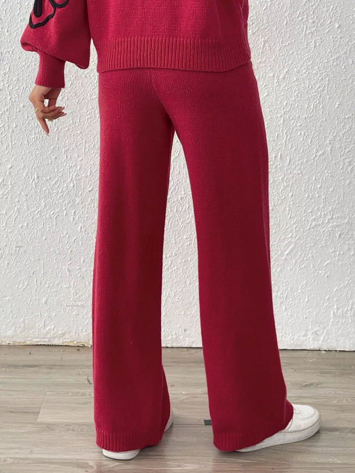 High-Waisted Wide-Leg Sweater Pants with Floral Beaded Decor
