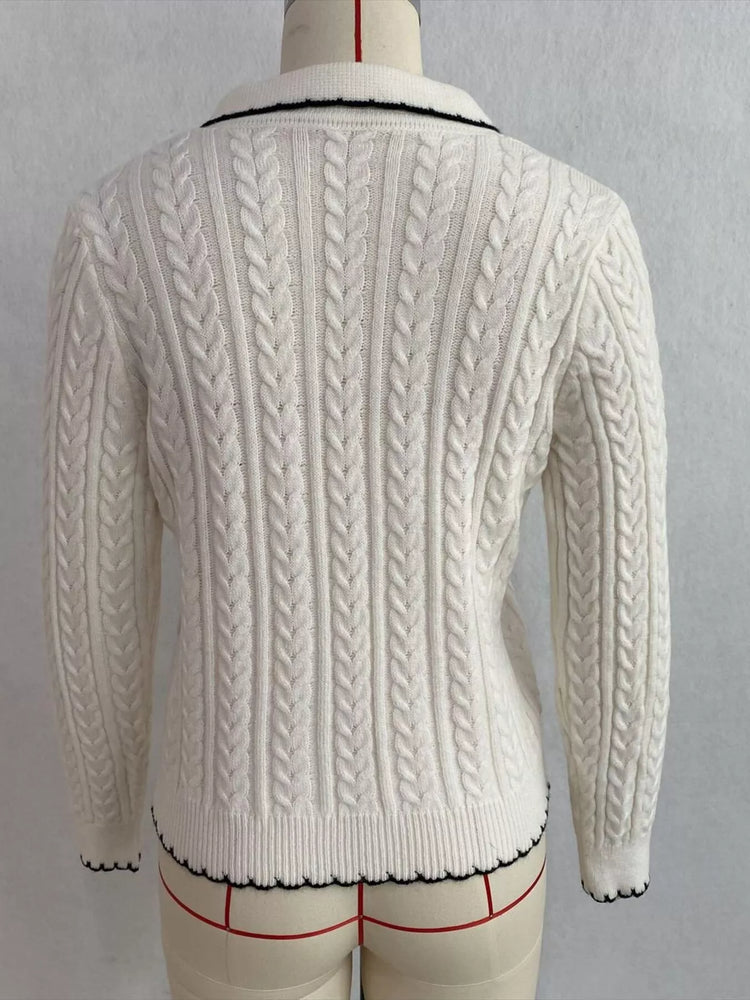 Cable Knit Polo Collar Button-Up Cardigan