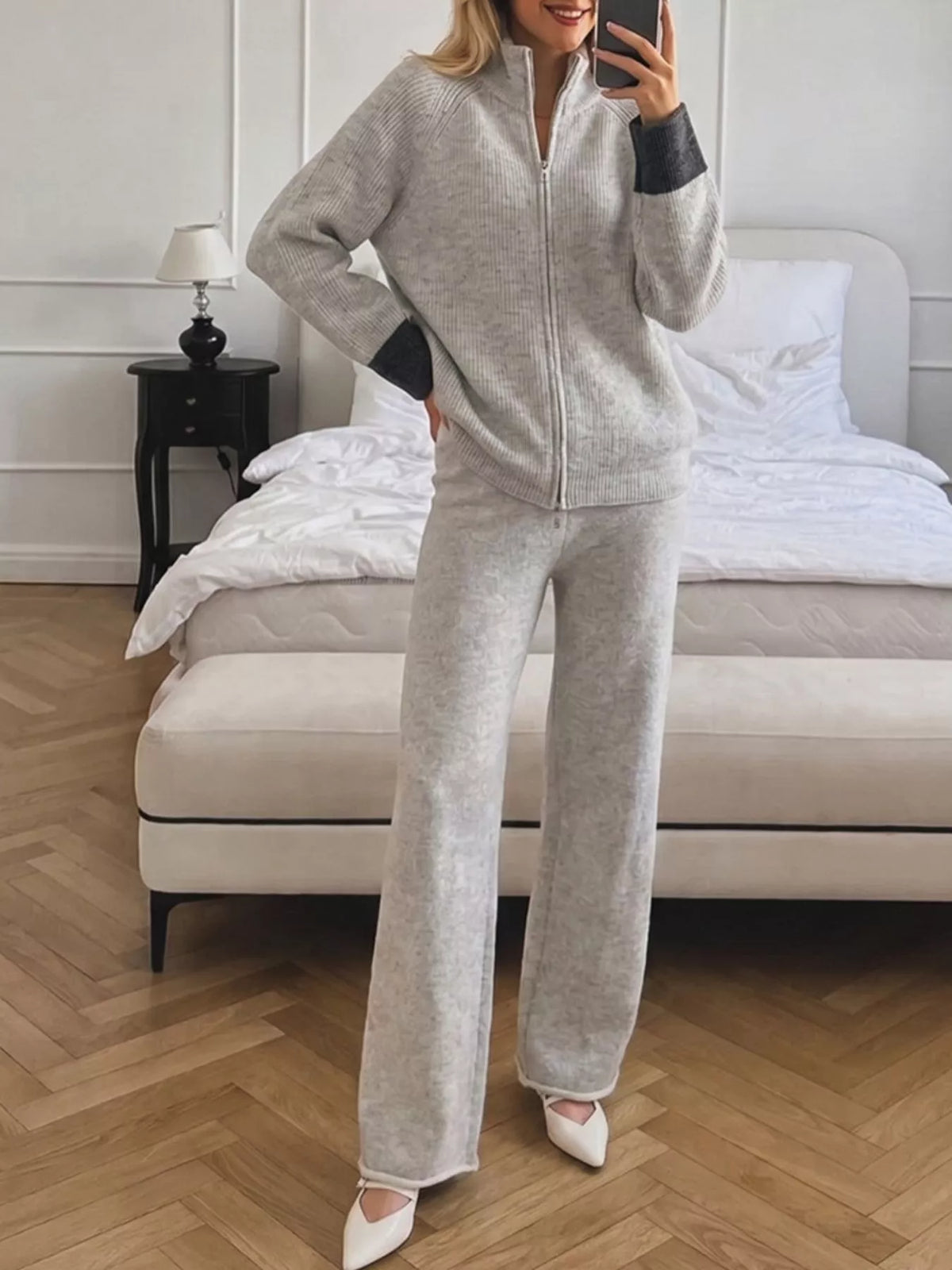 Zip-Up Contrast Cuff Cardigan and Pants Sweater Set