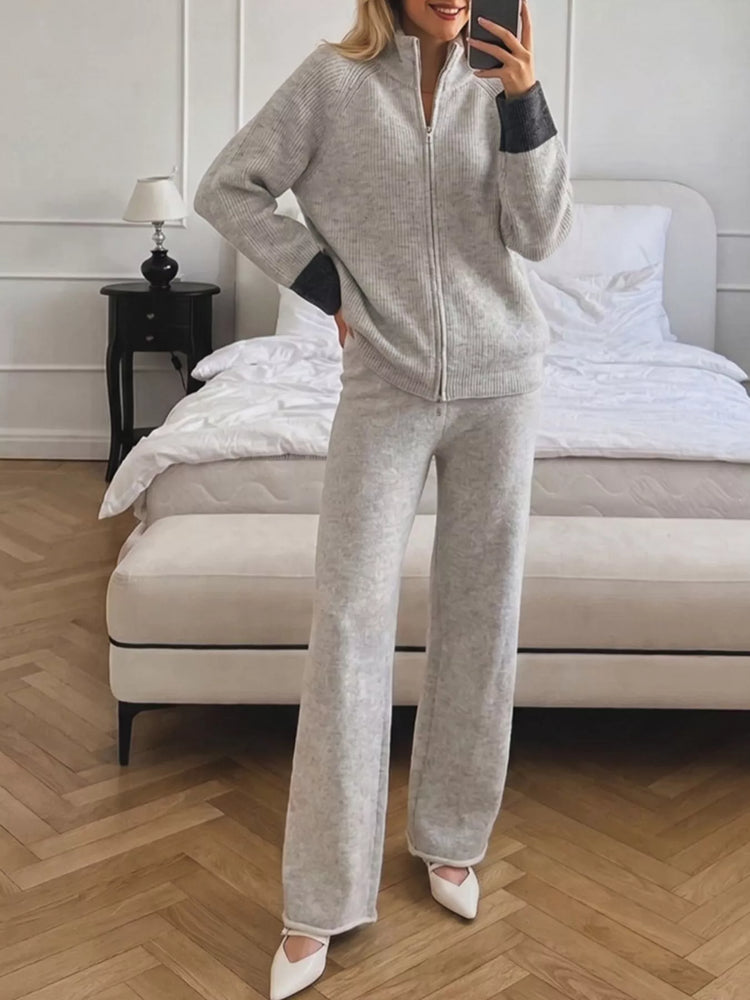 Zip-Up Contrast Cuff Cardigan and Pants Sweater Set