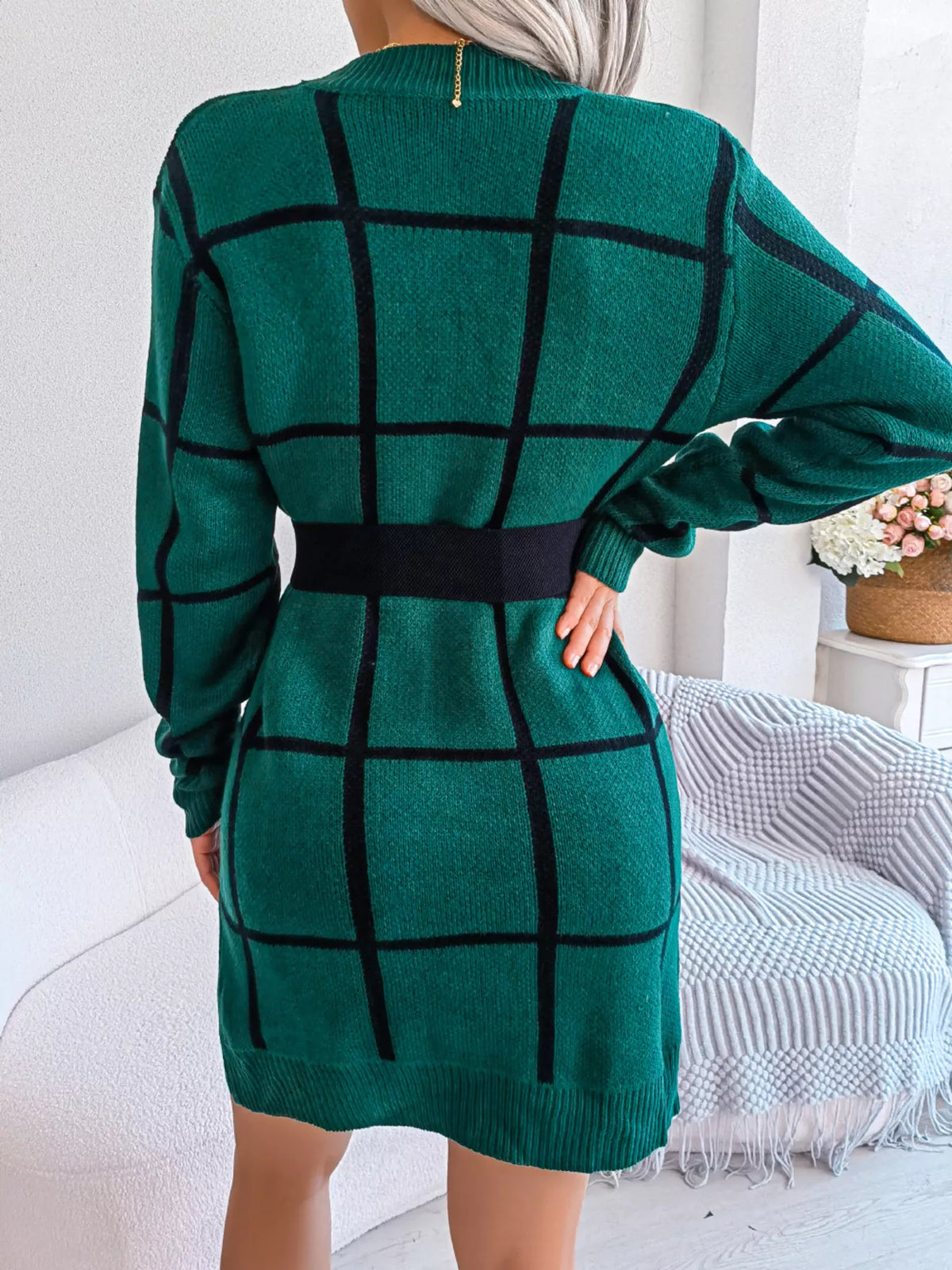 Plaid Pattern Long Sleeve Sweater Dress