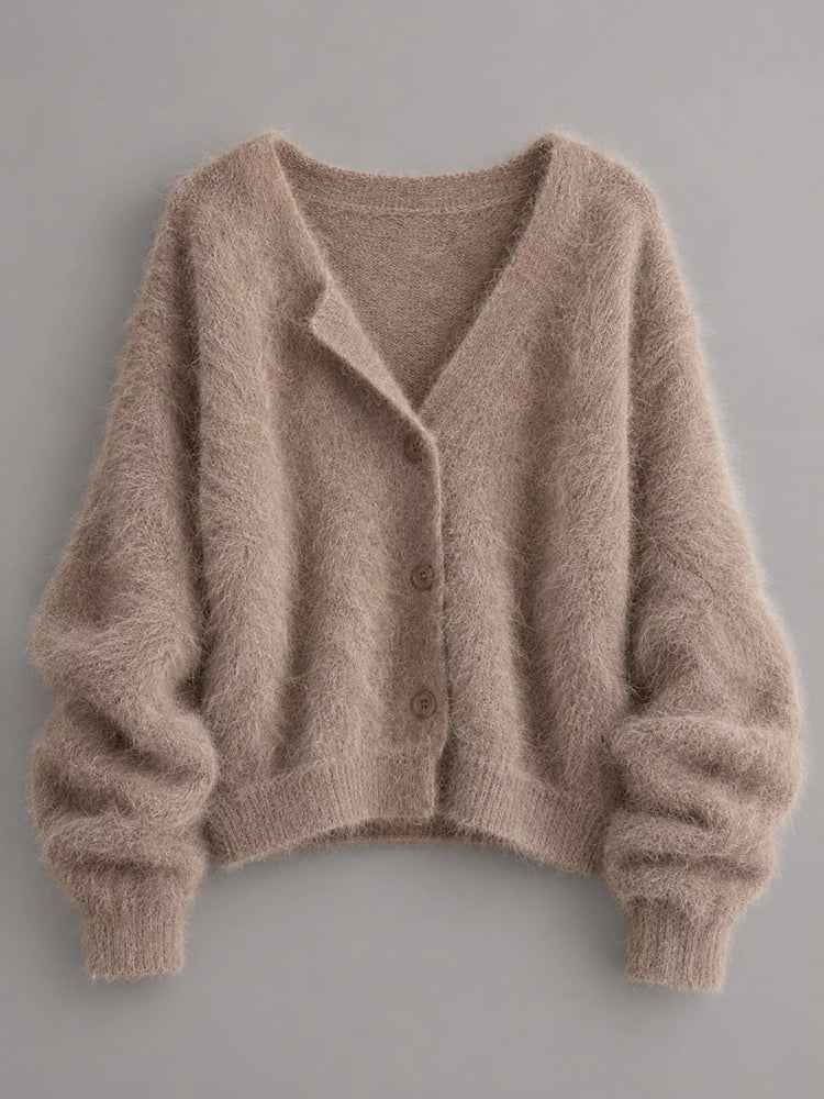 Fuzzy V-Neck Button-Down Cardigan