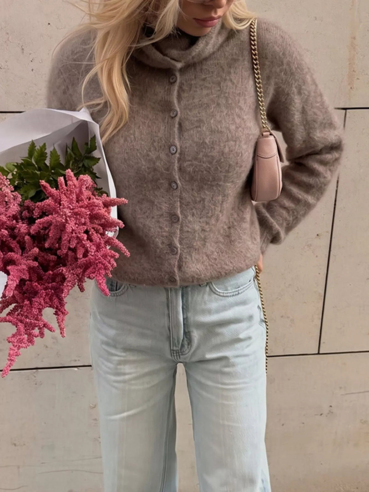 Mock Neck Button-Down Fuzzy Knit Cardigan