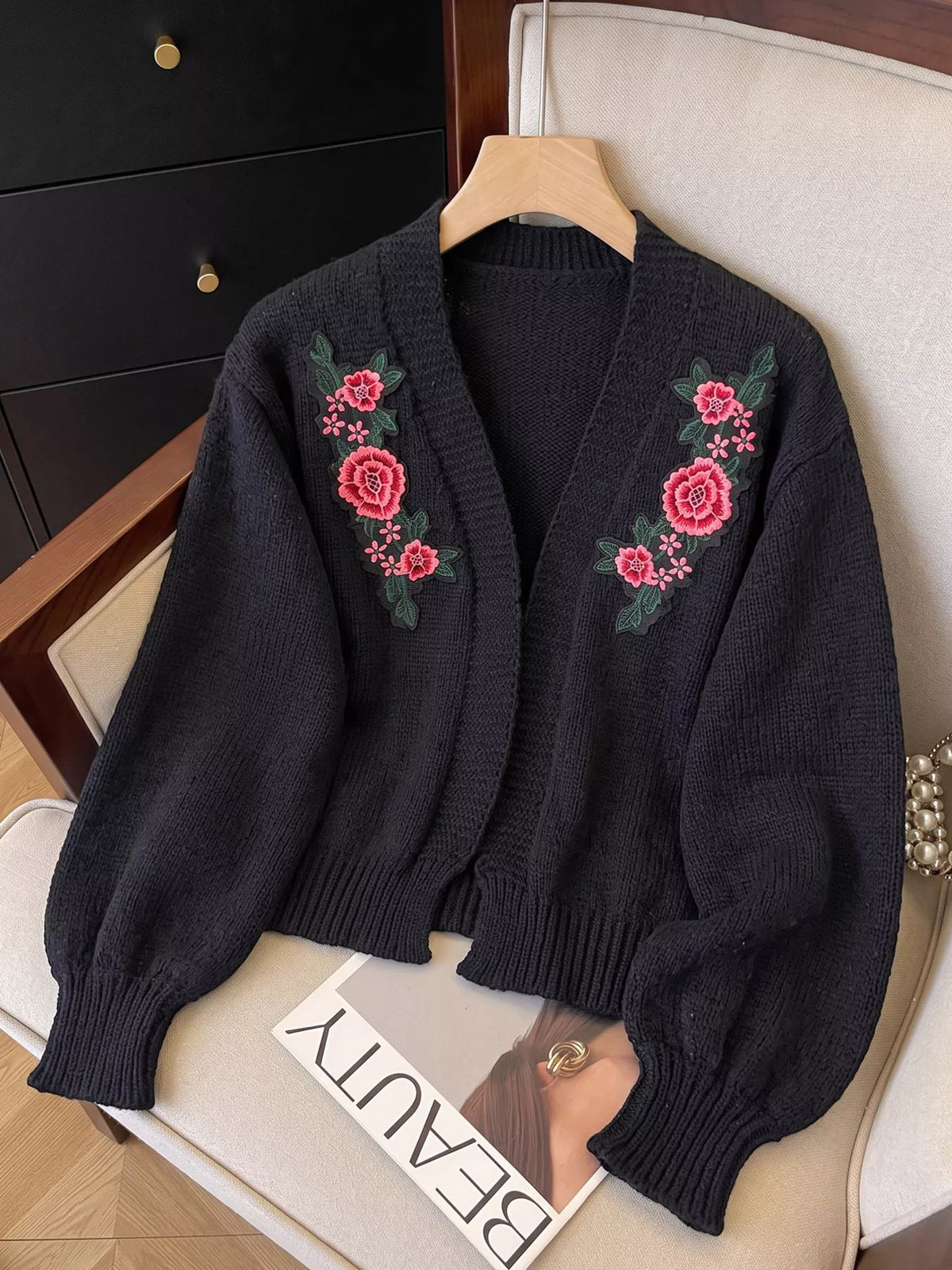 Floral Embroidered Applique Knit Cardigan