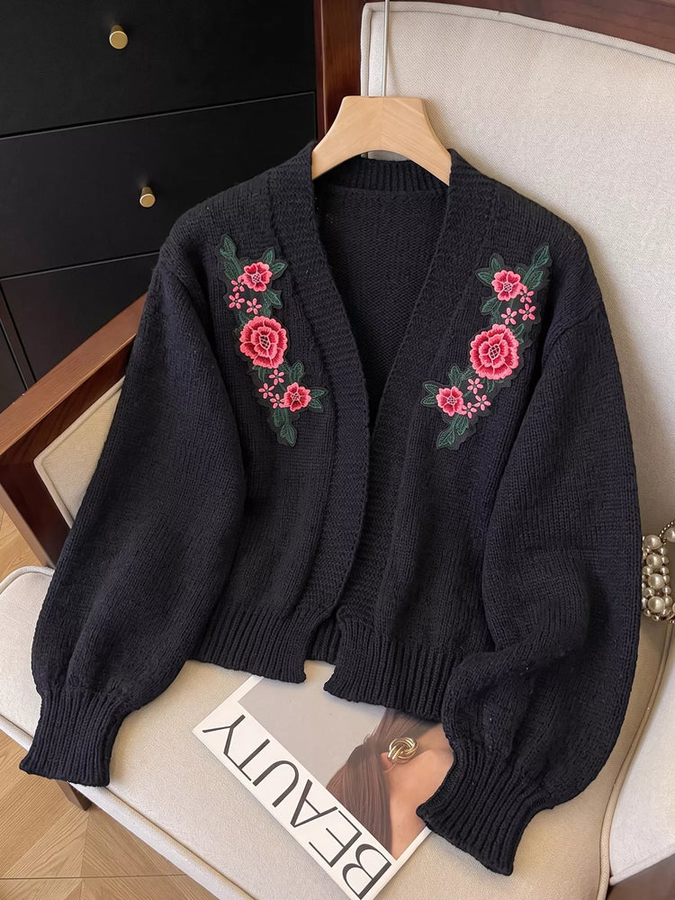 Floral Embroidered Applique Knit Cardigan