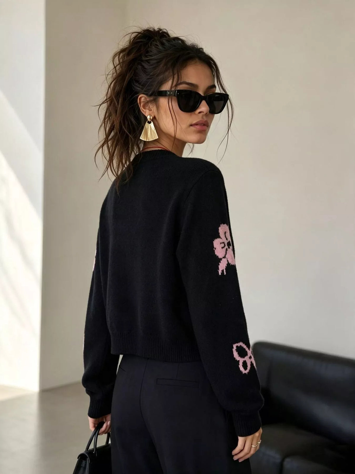 Floral Crew Neck Cropped Knit Cardigan