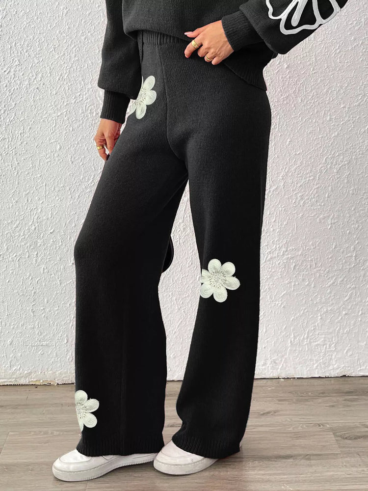 High-Waisted Wide-Leg Sweater Pants with Floral Beaded Decor