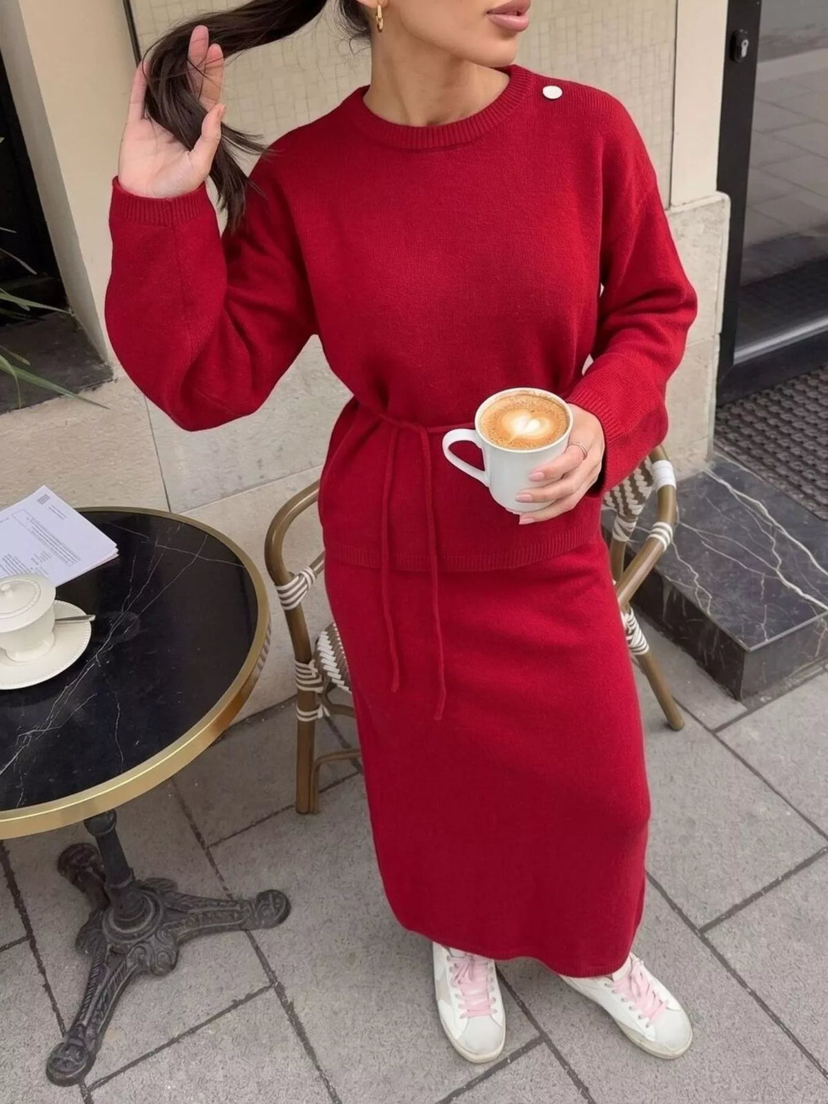 Waist-Tie Detail Sweater and Maxi Skirt Set