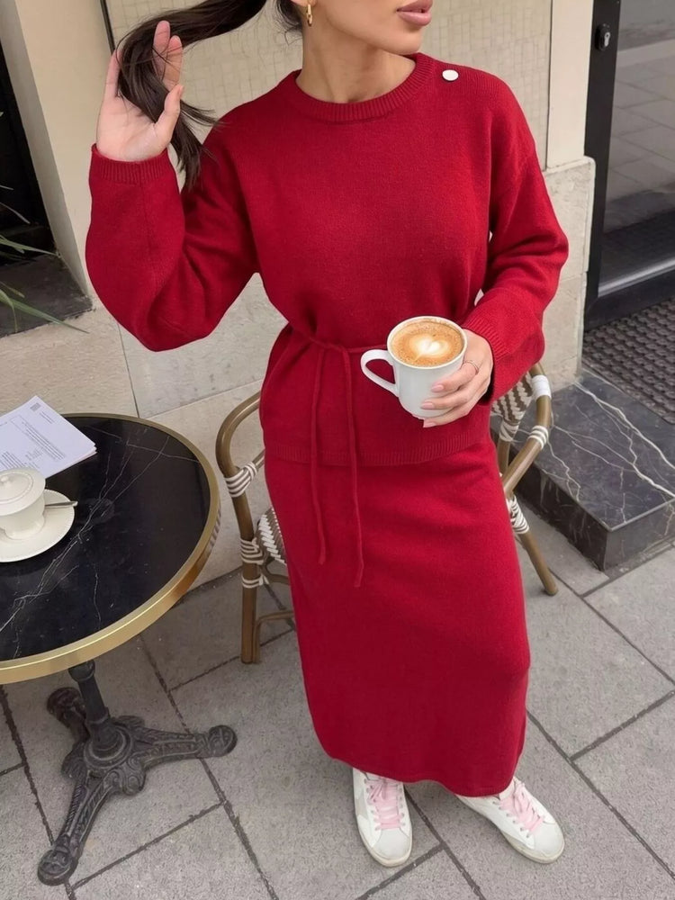 Waist-Tie Detail Sweater and Maxi Skirt Set