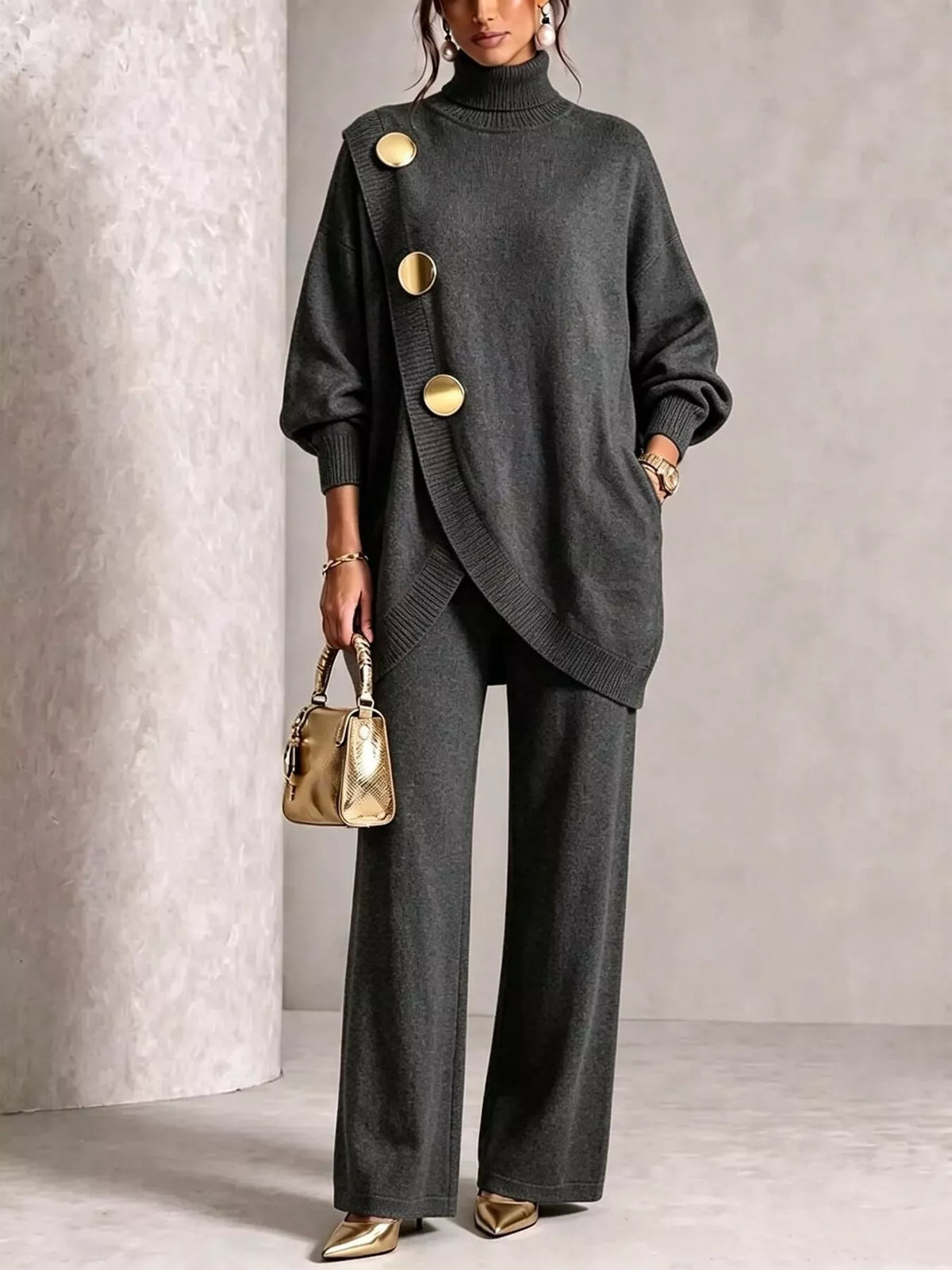 Full Size Elegant Turtleneck Asymmetric Button-Decorated Sweater and Pants Set Plus Size