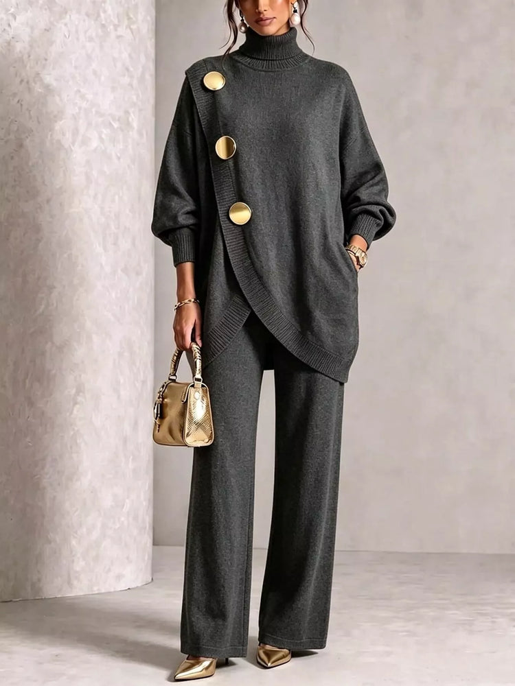 Full Size Elegant Turtleneck Asymmetric Button-Decorated Sweater and Pants Set Plus Size