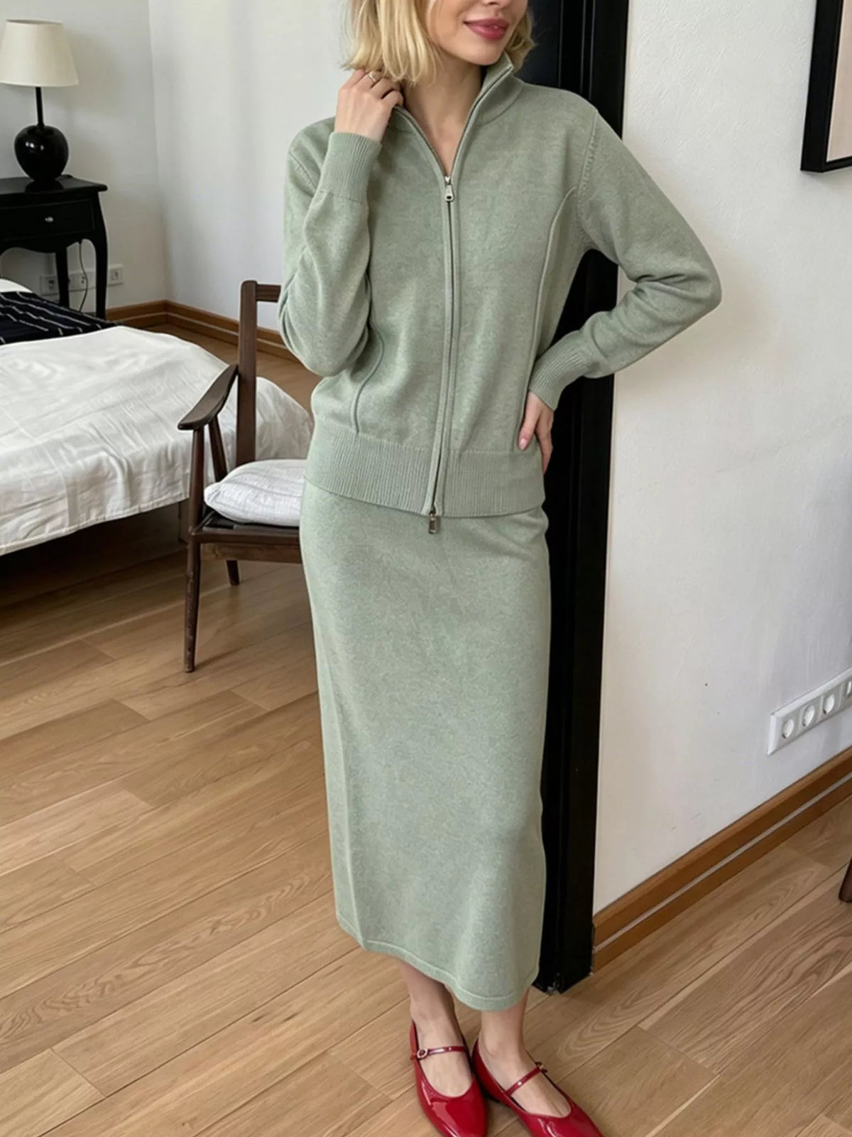 Zip-Up Mock Neck Cardigan and Matching Midi Skirt Sweater Set