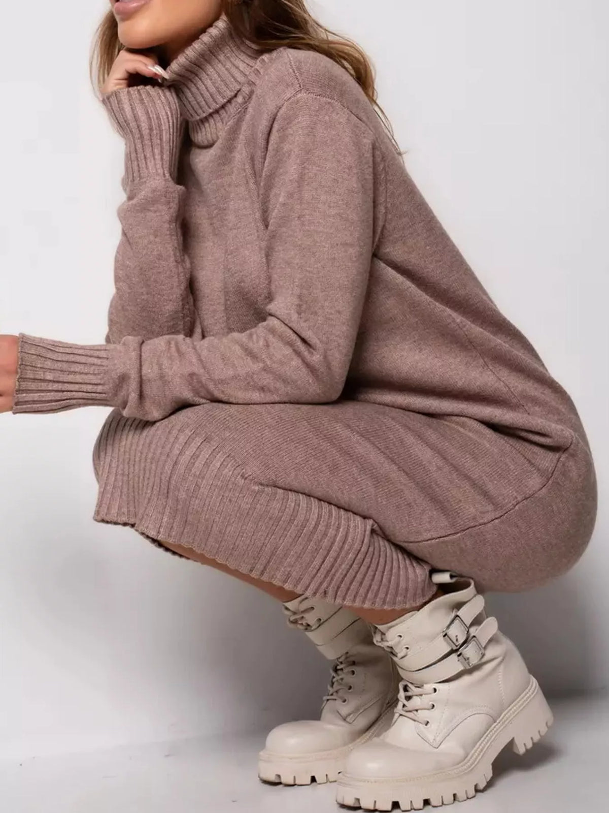 Turtleneck Ribbed Knit Sweater Dress