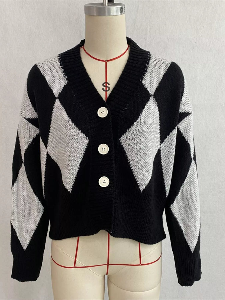 Argyle Pattern V-Neck Button-Down Cardigan