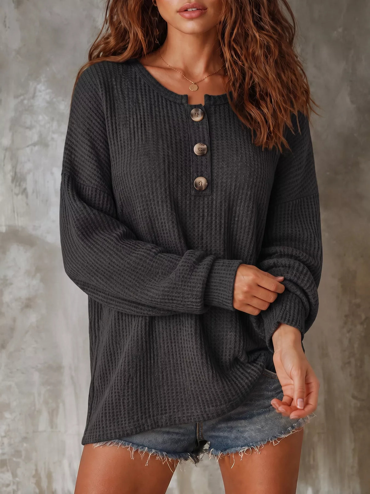 Button Detail Dropped Shoulder Knit Top